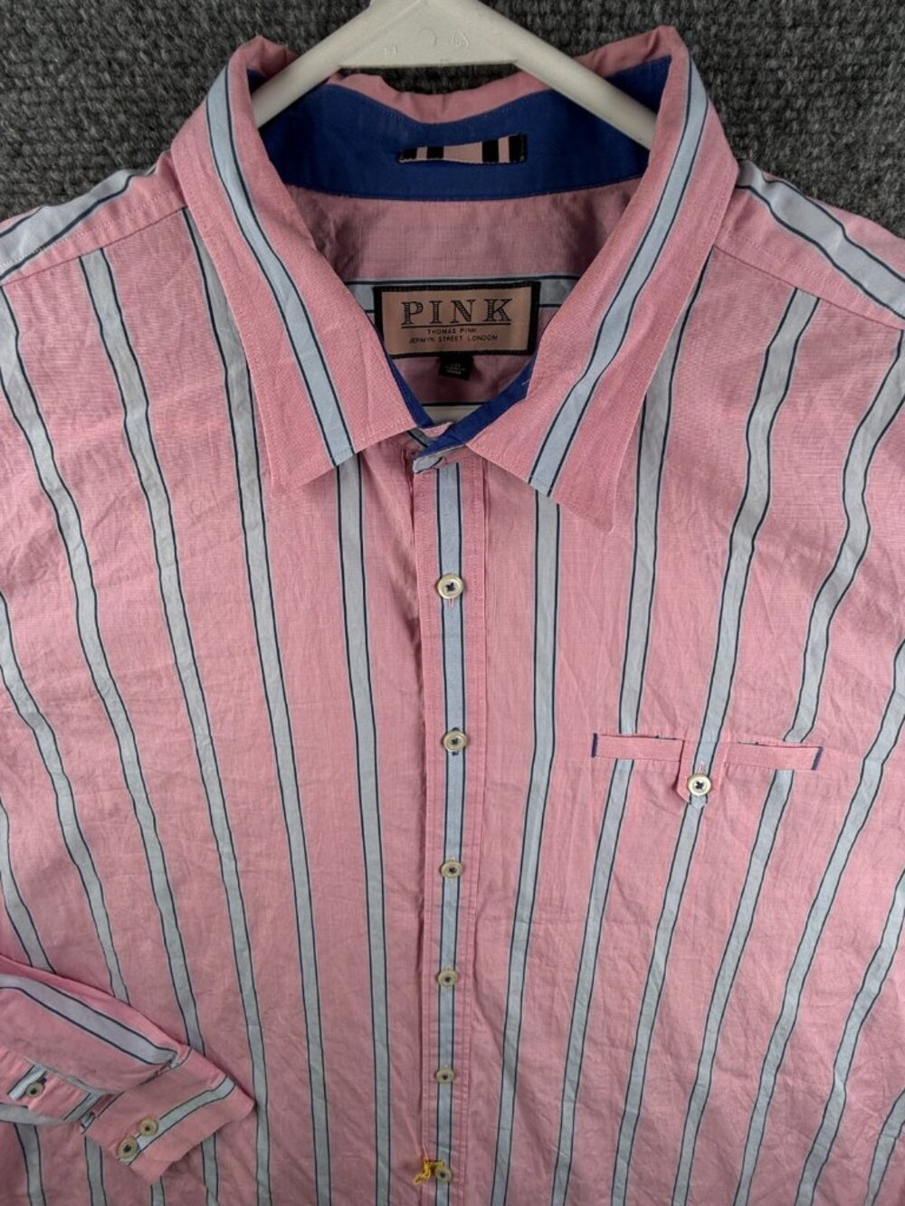 Thomas Pink Long Sleeve Button Up Shirt Men Pink Blue Striped 2XL Cotton Woven